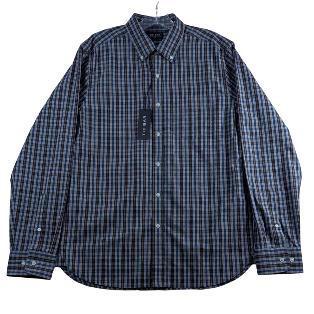 Tie Bar Trim Fit Blue Brown Plaid Button-Down Shirt Mens Small long Sleeve‎ NWT